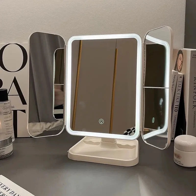 LED Makeup Mirror Desktop with Light, Ins style,Three-sided Folding, Dormitory Desktop, Beauty and Bedroom Dressing Mirror,