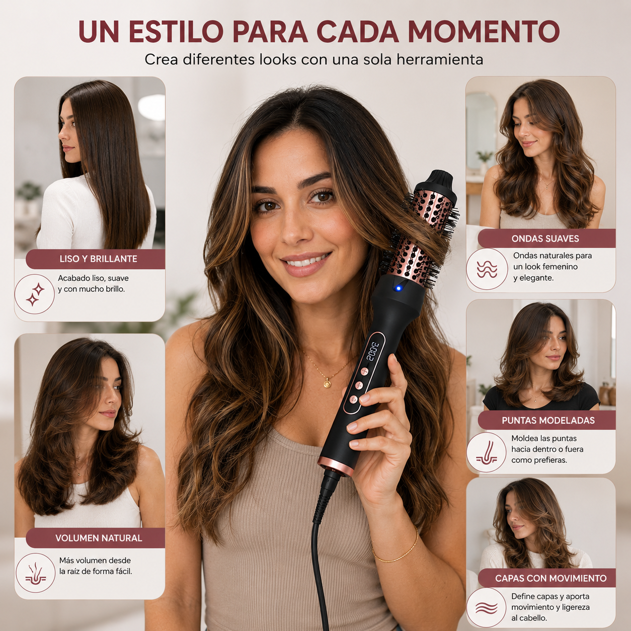 Cepillo Térmico Ionic Style 3 en 1 | Seca, Alisa y Moldea