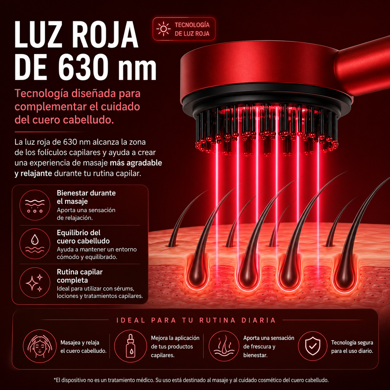 Cepillo Masajeador Capilar LED Rojo