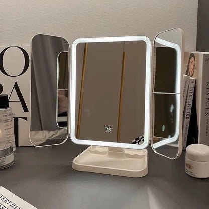 LED Makeup Mirror Desktop with Light, Ins style，Three-sided Folding, Dormitory Desktop, Beauty and Bedroom Dressing Mirror，