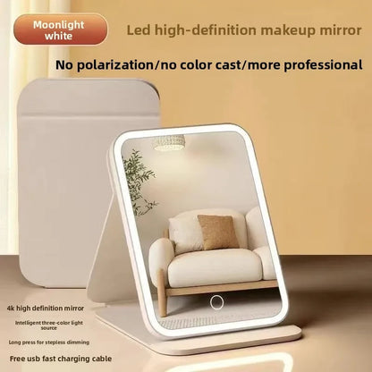 LED Makeup Mirror Desktop with Light, Ins style，Three-sided Folding, Dormitory Desktop, Beauty and Bedroom Dressing Mirror，