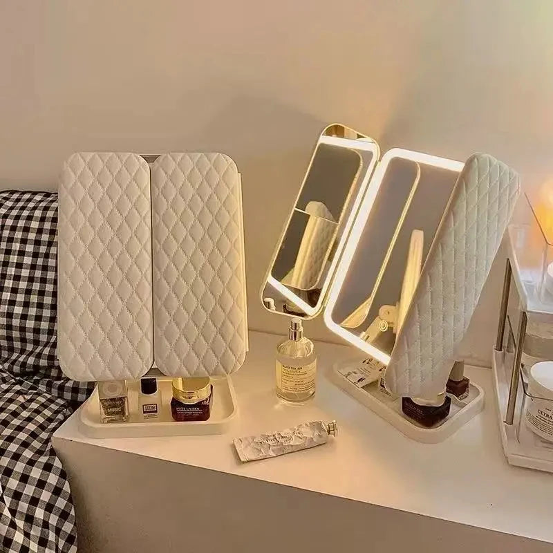 LED Makeup Mirror Desktop with Light, Ins style，Three-sided Folding, Dormitory Desktop, Beauty and Bedroom Dressing Mirror，