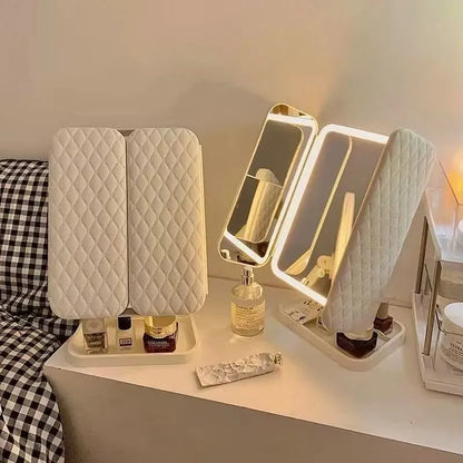 LED Makeup Mirror Desktop with Light, Ins style，Three-sided Folding, Dormitory Desktop, Beauty and Bedroom Dressing Mirror，