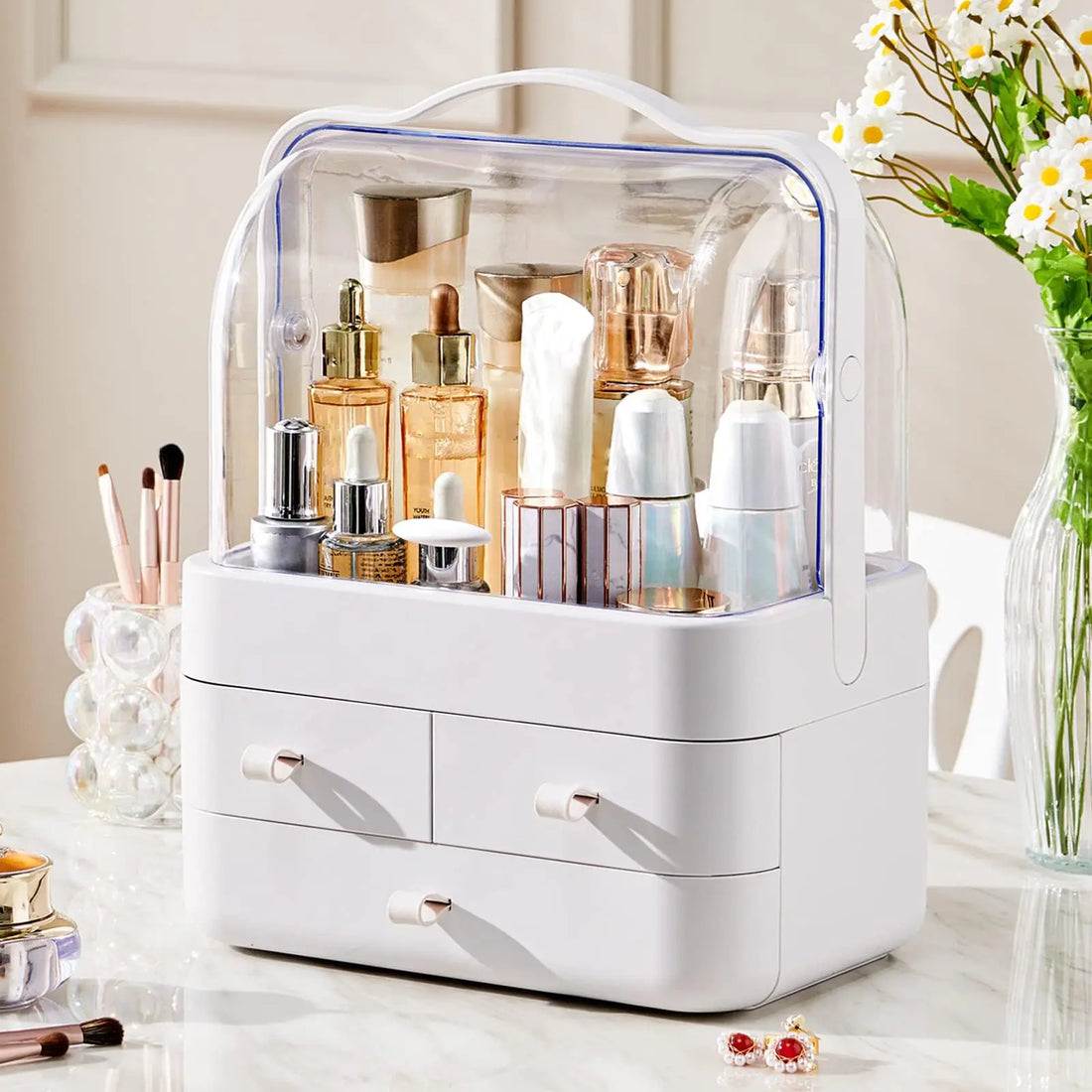 Cosmetic Organizer  Countertop Organizer For Dresser With Lid And Drawer Countertop Waterproof And Dustproof Skin Care Organizer