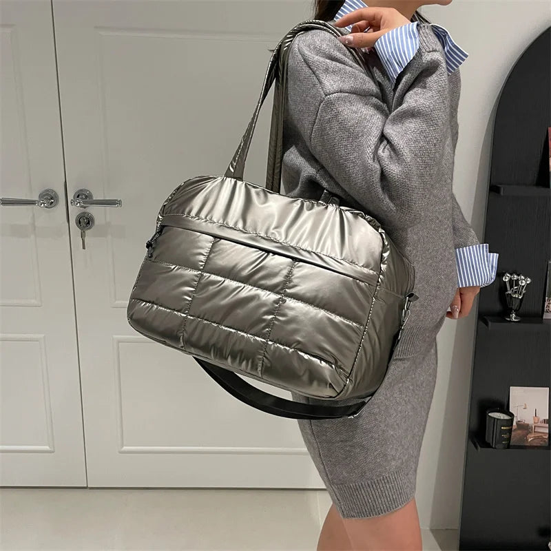 Quilted Solid Color Padded Travel Bag Portable Stylish Large Capacity Handbag for Women Sports Work &amp; Everyday Use
