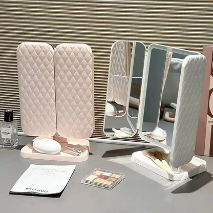 LED Makeup Mirror Desktop with Light, Ins style，Three-sided Folding, Dormitory Desktop, Beauty and Bedroom Dressing Mirror，