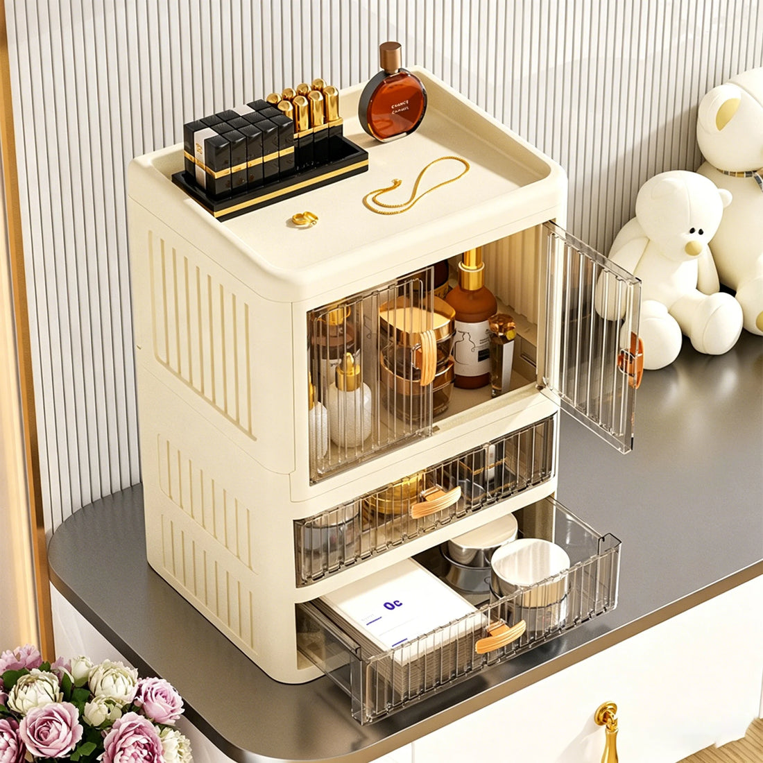1 Large-Capacity Cosmetic Storage Box, Drawer-Style Desktop Organizer, Desktop Organizer for Skincare Products and Lipsticks, Made of Durable Plastic, Suitable for Bathroom, Dressing Table, Home Decoration, and Desktop Organi