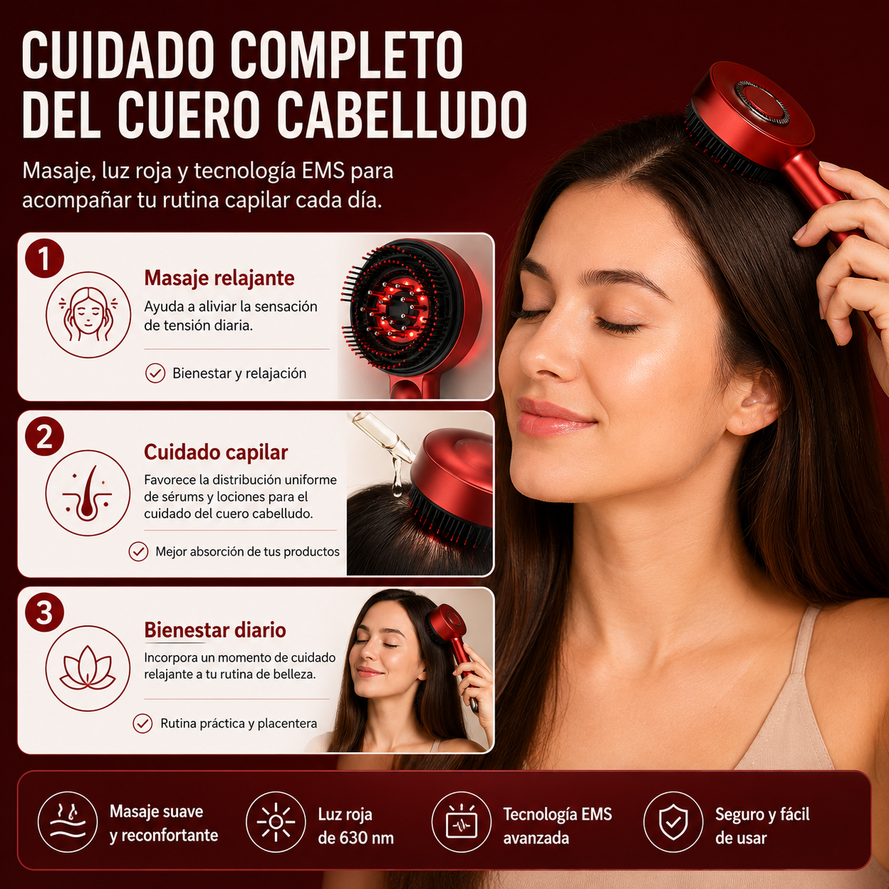 Cepillo Masajeador Capilar LED Rojo