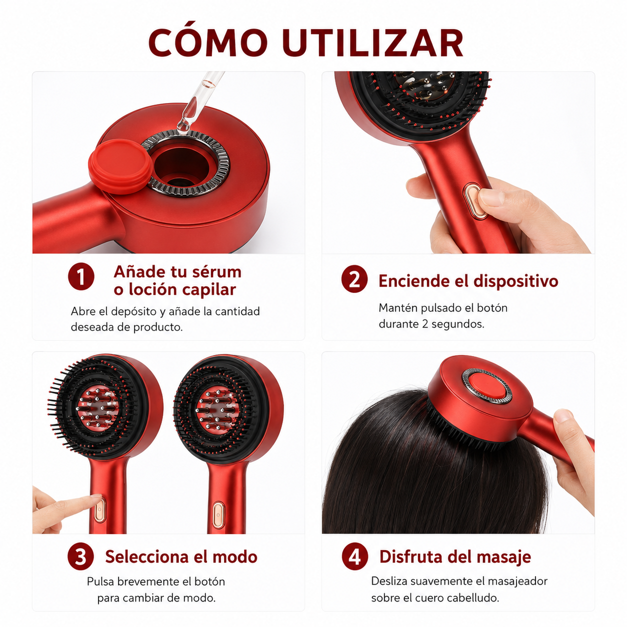 Cepillo Masajeador Capilar LED Rojo