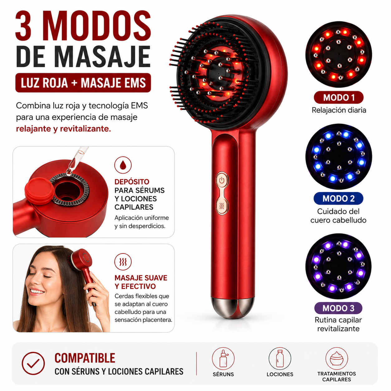Cepillo Masajeador Capilar LED Rojo